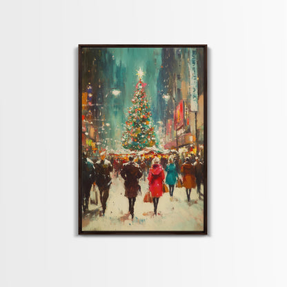 Christmas on The Town Square Framed Canvas Print, Wood Framed Christmas Decor, Holiday Mantle Art, Christmas Centerpiece Wall Art