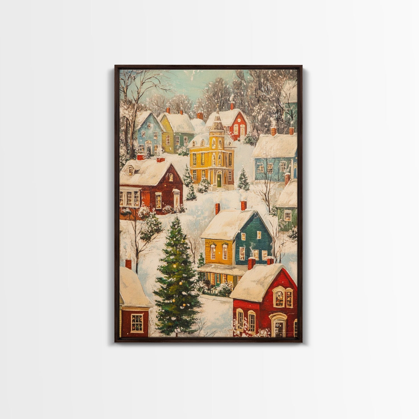 Retro Christmas Village Wall Art For Above Mantle, Framed Canvas Print, Christmas Home Decor, Christmas Wall Art, Christmas Postcard Art