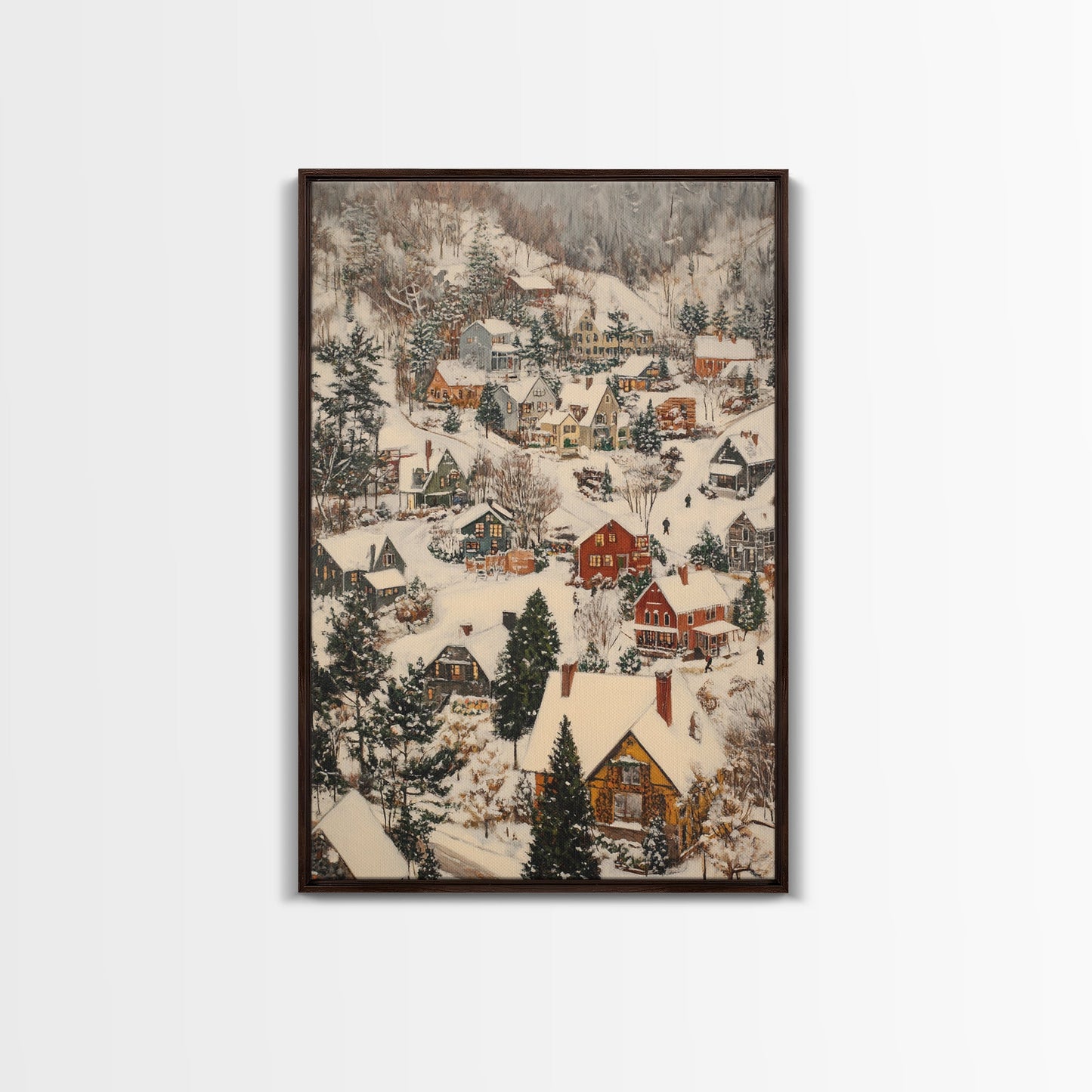 Christmas Village Covered in Snow, Framed Canvas Print, Christmas Oil painting print, Vintage Christmas Art Print, Christmas Wall Art