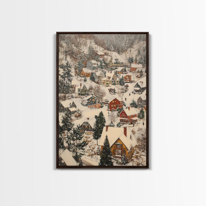 Christmas Village Covered in Snow, Framed Canvas Print, Christmas Oil painting print, Vintage Christmas Art Print, Christmas Wall Art