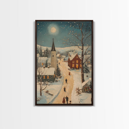Full Moon on Christmas Even, Framed Canvas Print, Vintage Christmas Oil Painting Print, Christmas Village Wall Art, Christmas Sign, Christmas Art