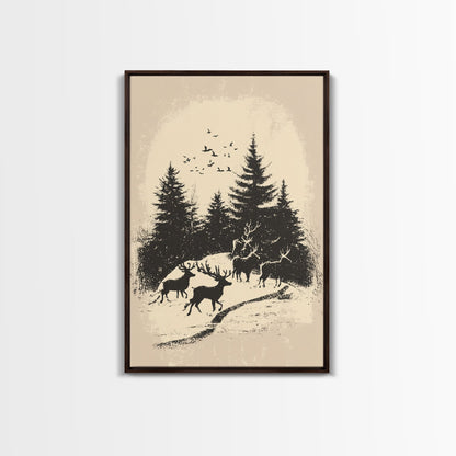 Sketch of Reindeer In The Snow Canvas Print - Framed Canvas - Minimalist Christmas Art - Boho Christmas Art - Rustic Christmas Art