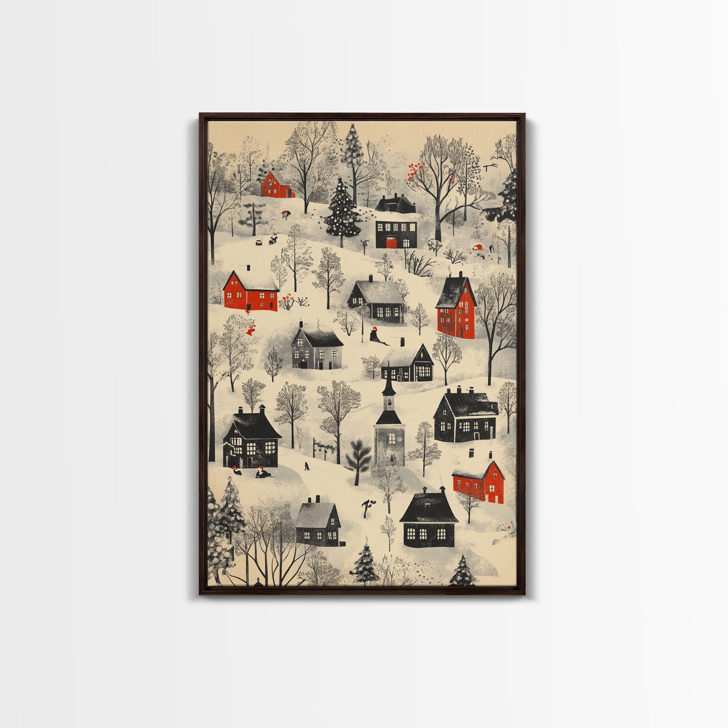Sketch of a Christmas Village Canvas Print - Framed Canvas - Minimalist Christmas Art - Boho Christmas Art - Rustic Christmas Art