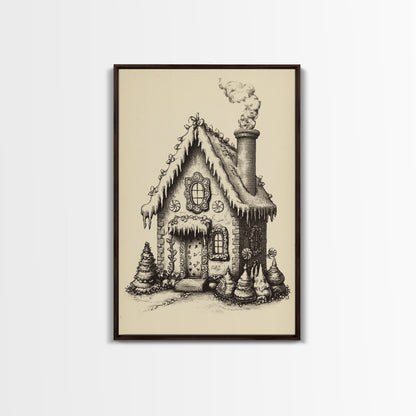 Vintage Gingerbread House Canvas Print - Framed Canvas - Minimalist Christmas Art - Boho Christmas Art - Rustic Christmas Art