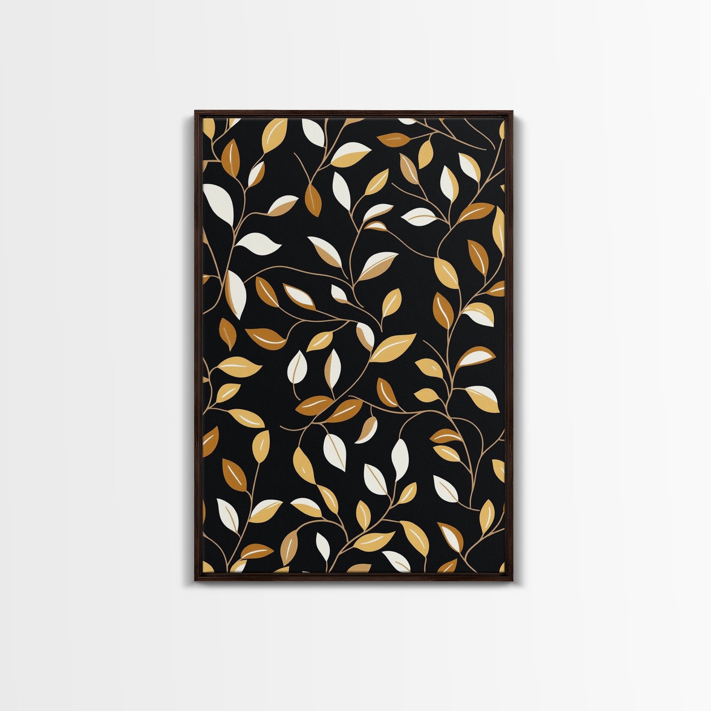 Ivy Leaves Framed Canvas Print, Mid Century Modern Pattern art, Botanical Print, Botanical Wall Art, Black Background