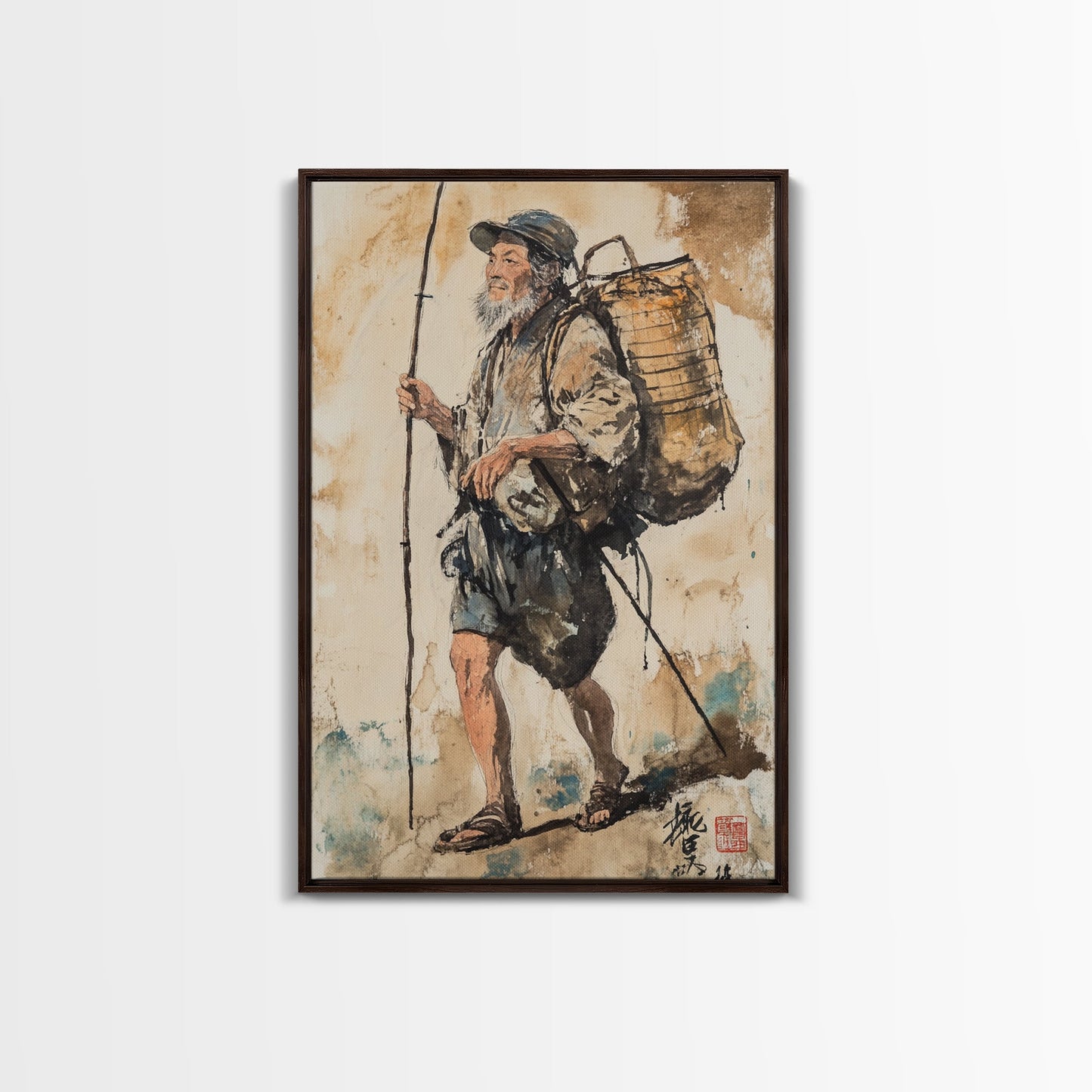 Japanese Fisherman Painting Print, Wabi Sabi Wall Art, Japanese Style Home Decor, Japanese Wood Block Print Style Art