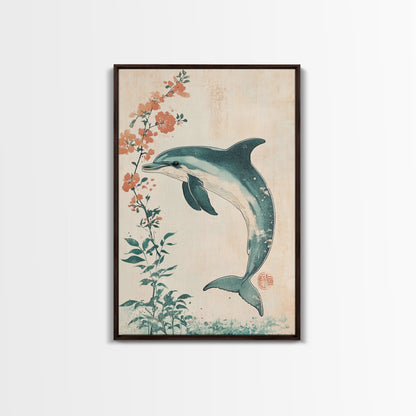 Cherry Blossoms and Dolphins, Framed Canvas Print, Home Decor, Wabi Sabi Dolphin Painting, Minimalist Decor, Living Room Art, Bedroom Art