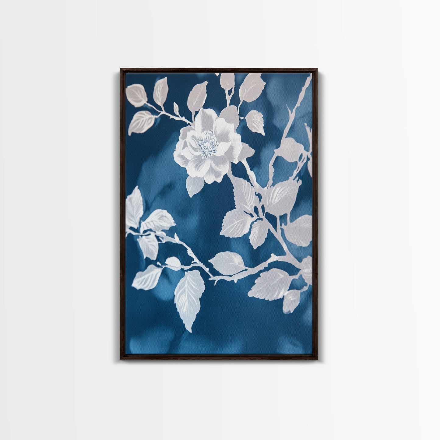 White Flowers on Blue Background Framed Canvas Print, Chinoiserie Wall Art, Boho Decor, Minimalist Wall Art, Boho Home Decor