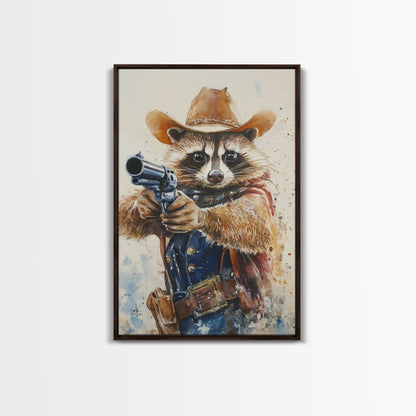Rootin' Tootin' Racoon Cowboy, Framed Canvas Print, Ready to Hang, Racoon Painting