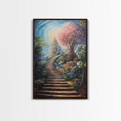 The Steps To The Sky, Framed Canvas Print, Cute Fantasy  Decor, Preppy Wall Art, Gift For Her, Dorm Wall Art, Landscape Painting