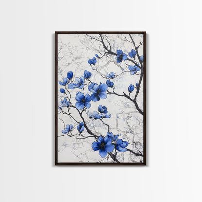 Wabi Sabi Wall Art Framed Canvas Print, Chinoiserie Wall Art, Chinoiserie Style Home Decor, Blue Flower Floral Print Wall Decor