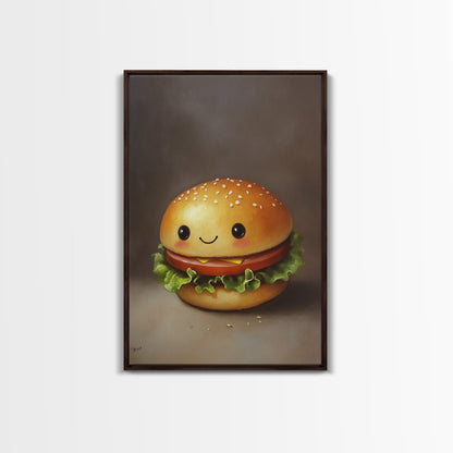 Kawaii Hamburger Canvas Print, Cute Hamburger Painting, Veggie Burger, Kawaii Wall Art, Kawaii Decor