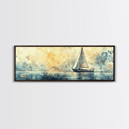 Sailboat on a Calm Sea Framed Canvas Print, Nautical Home Decor, Nautical Landscape Painting, Beach Decor, Abstract Wall Art