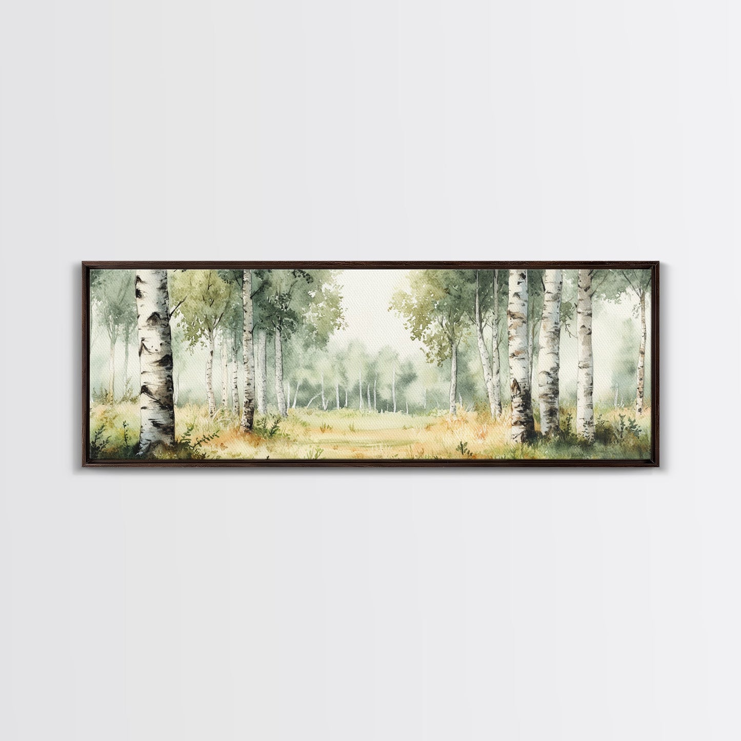 Silver Birch Trees in Spring Panoramic Canvas Print, Panoramic Painting, Aspen Trees Painting, Forest Landscape Horizontal Wall Art
