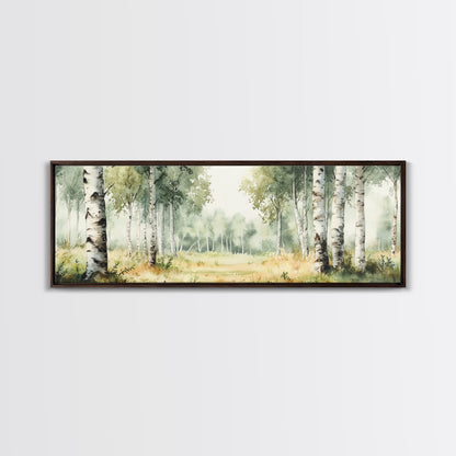 Silver Birch Trees in Spring Panoramic Canvas Print, Panoramic Painting, Aspen Trees Painting, Forest Landscape Horizontal Wall Art