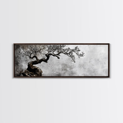 Black and White Bonzai Tree Framed Canvas Print, Wabi Sabi Japanese Style Home Decor, Minimalist Art, Moody Decor, Moody Art