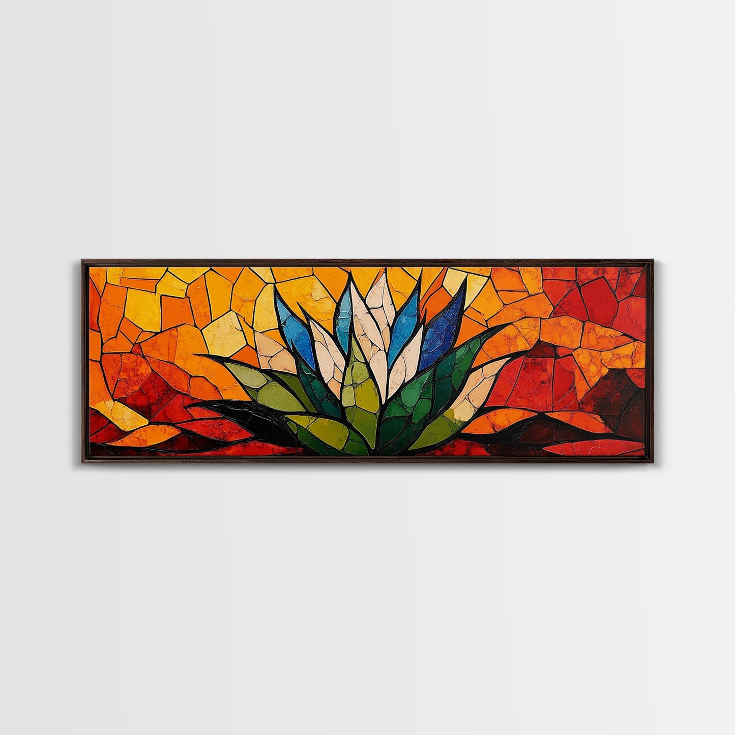 Stained Glass Style Blue Agave Wall Art Canvas Print, Mexicano Wall Art, Panoramic Southwestern Home Decor, Modern Farmhouse Rustic Art