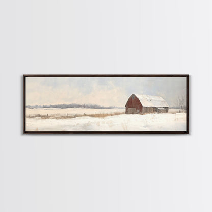Barn Landscape Oil Painting Print - Retro Farm Wall Art - Village Wall Art - Old Red Barn In Winter - Winter Landscape - Winter Centerpiece Art