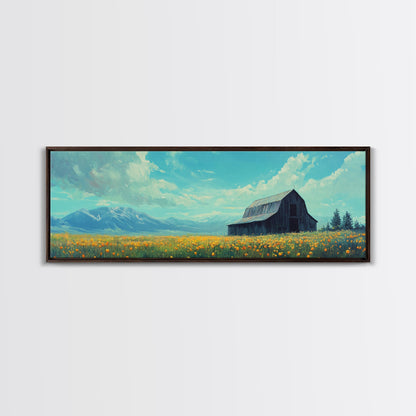 Old Barn In The Spring, Framed Canvas Print, Rustic Farmhouse Decor, Modern Farmhouse, Barn in Field of Wild Flowers, Farm House Art