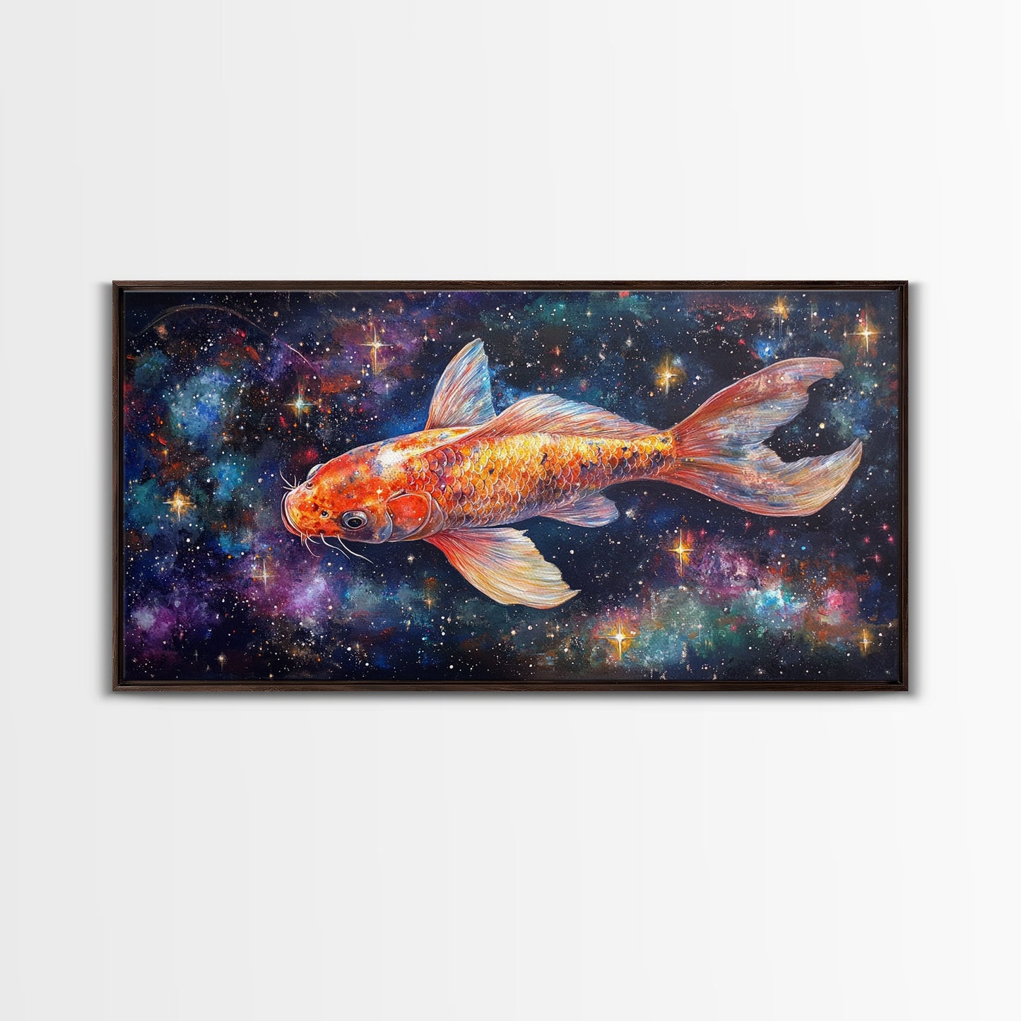 Galactic Koi Fish Framed Canvas Print, Retro Colorful Wall Art, Koi Fish Painting, Koi Wall Art, Space Art, Space Fish Painting