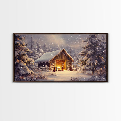 Nativity Scene Framed Canvas Print, Jesus in His Manger, Christmas Wall Art, Christmas Centerpiece Art, Nativity Oil Painting