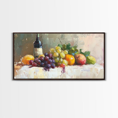 Still Life of Grapes, Fruit and Wine, Framed Canvas Print, Eclectic Kitchen Home Decor, Kitchen Wall Art, Dining Room Wall Art, Art For Kitchen