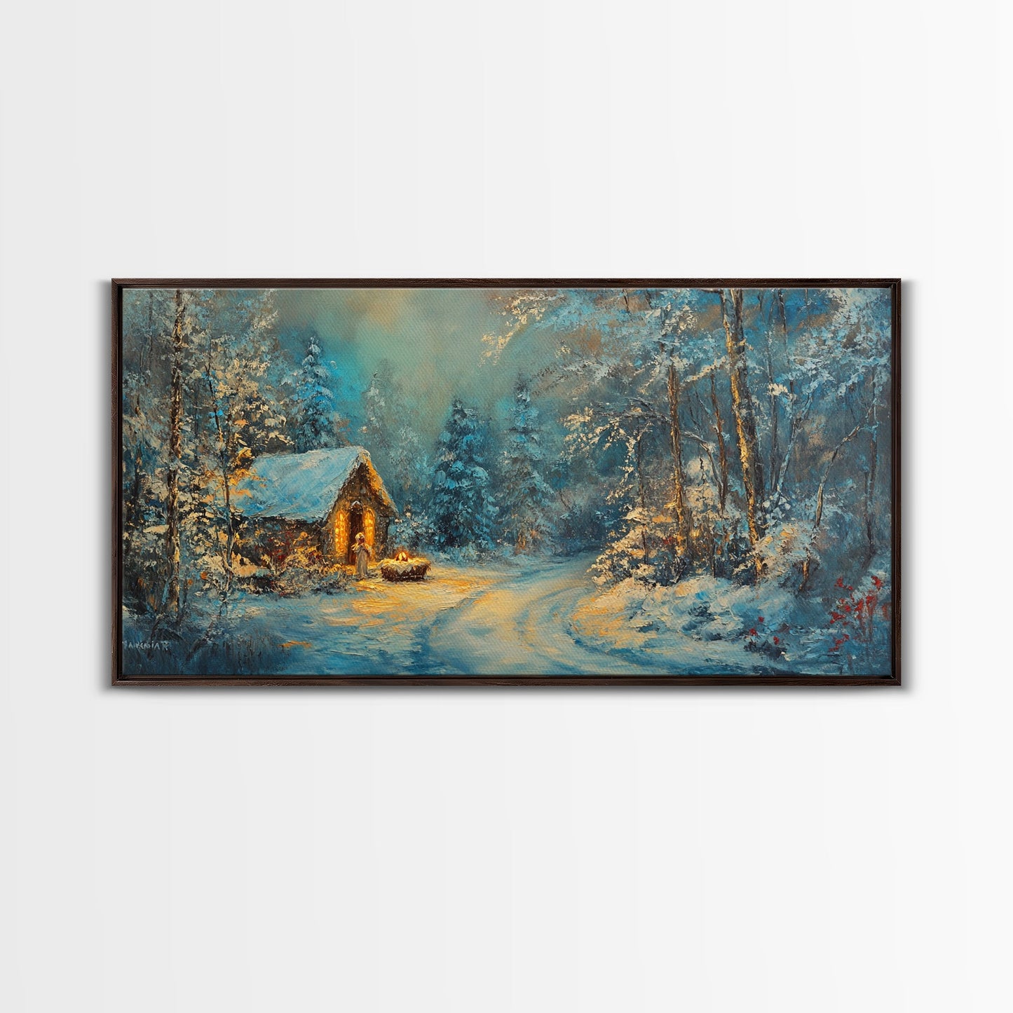 Above Mantle Christmas Wall Art, Framed Canvas Print, Cabin Art, Wall Art For Cabin, Winter Landscape Painting, Winter Themed Home Decor