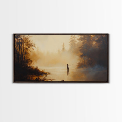 Retro Oil Painting Print of a Fly Fisher - Framed Canvas Print - Fishing Wall Art, Fisherman Painting, Fishing Gift, Gift for Fisher