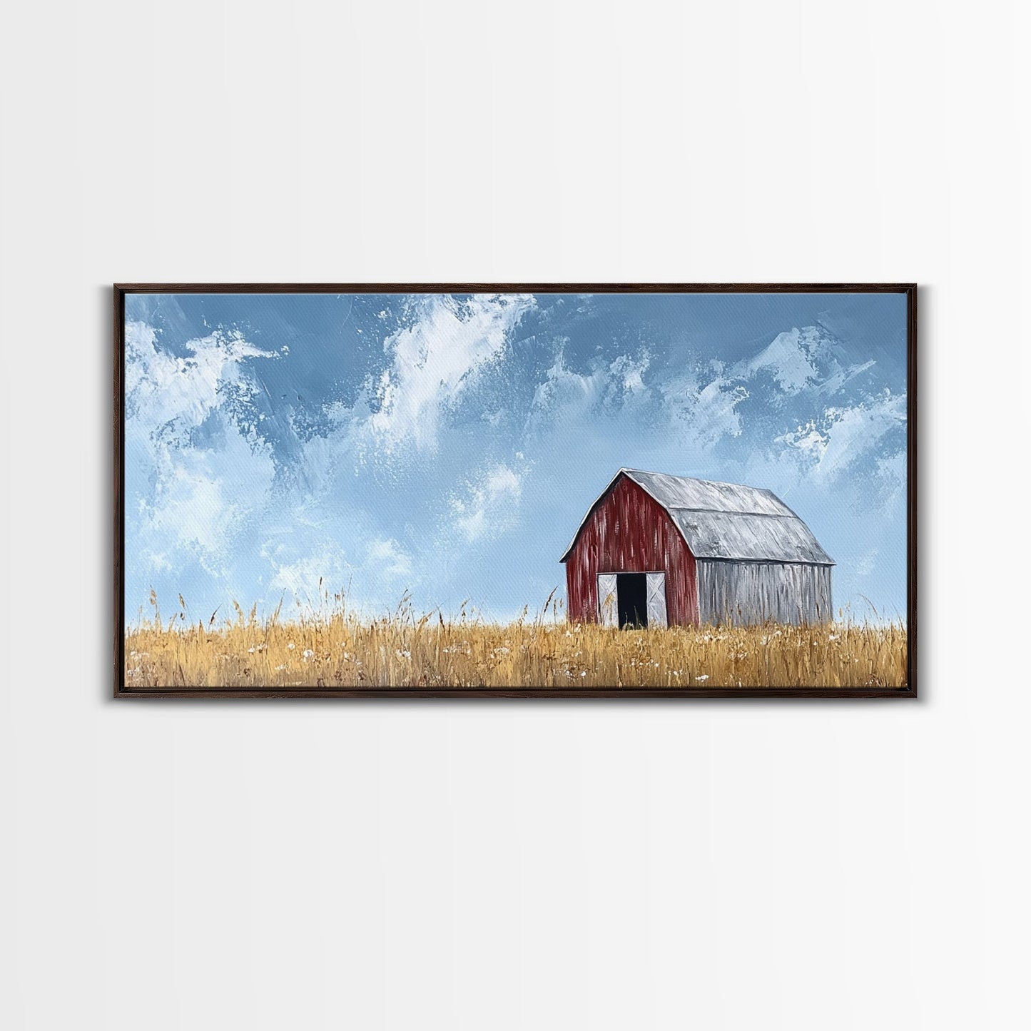Old Building Farm In A Wheat Field, Framed Canvas Painting Print, Panoramic Rural Landscape Wall Art Rustic Barn Country Side Ready To Hang