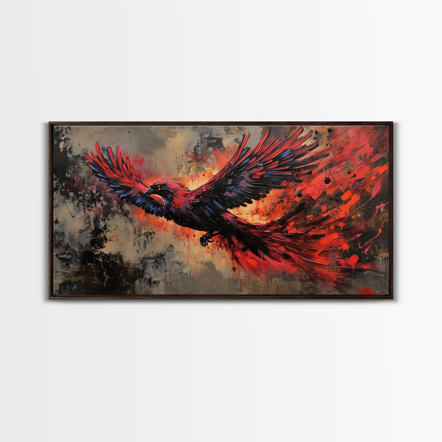Grunge Phoenix Painting, Framed Canvas Print, Vibrant Phoenix Wall Art Print, Mythical Poster Art, Printed Wall Art