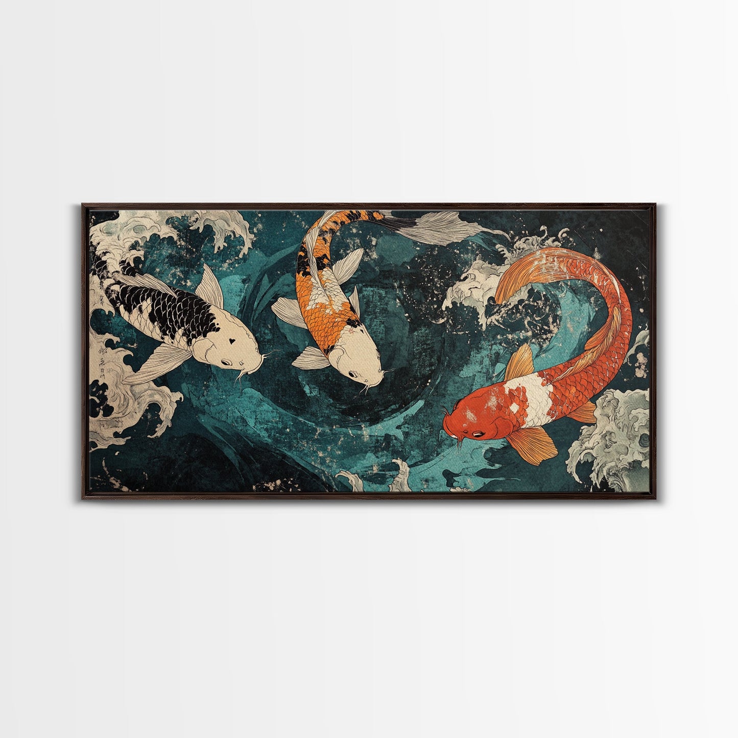 Large Oil Painting of Koi Fish Canvas Print, Vibrant Koi Fish Wabi Sabi Japanese Style Artwork, Minimalist Home Decor Living Room Wall Art