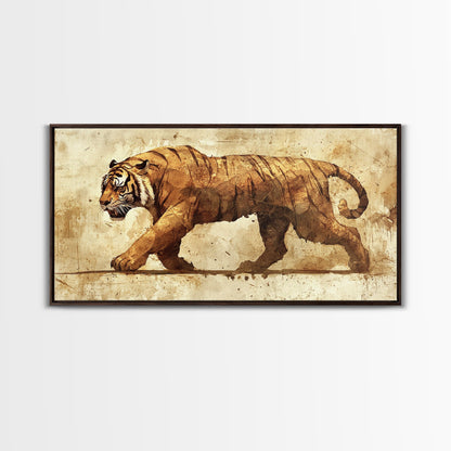 Tiger On The Hunt, Framed Canvas Print, Wabi Sabi Tiger Painting, Elegant Japanese Style Artwork