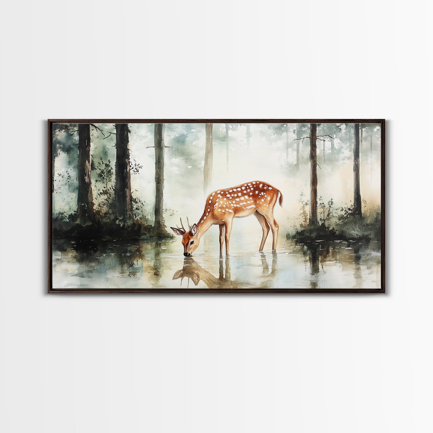 Rustic Farmhouse or Cabin Wall Art Painting of a Deer Drinking Water In The Forest, Minimalist Farmhouse Decor, Framed Canvas Print