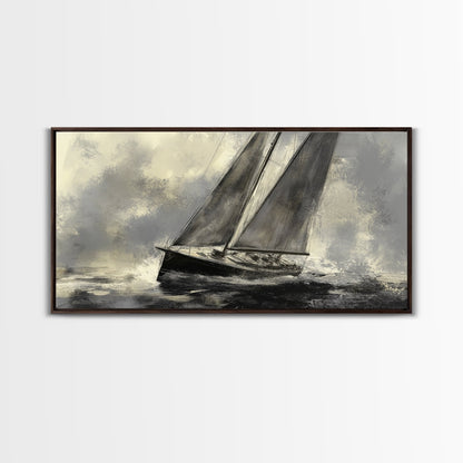Black and White Charcoal Sketch Print of a Sailboat In a Storm, Framed Canvas Print, Nautical Wall Art, Nautical Home Decor