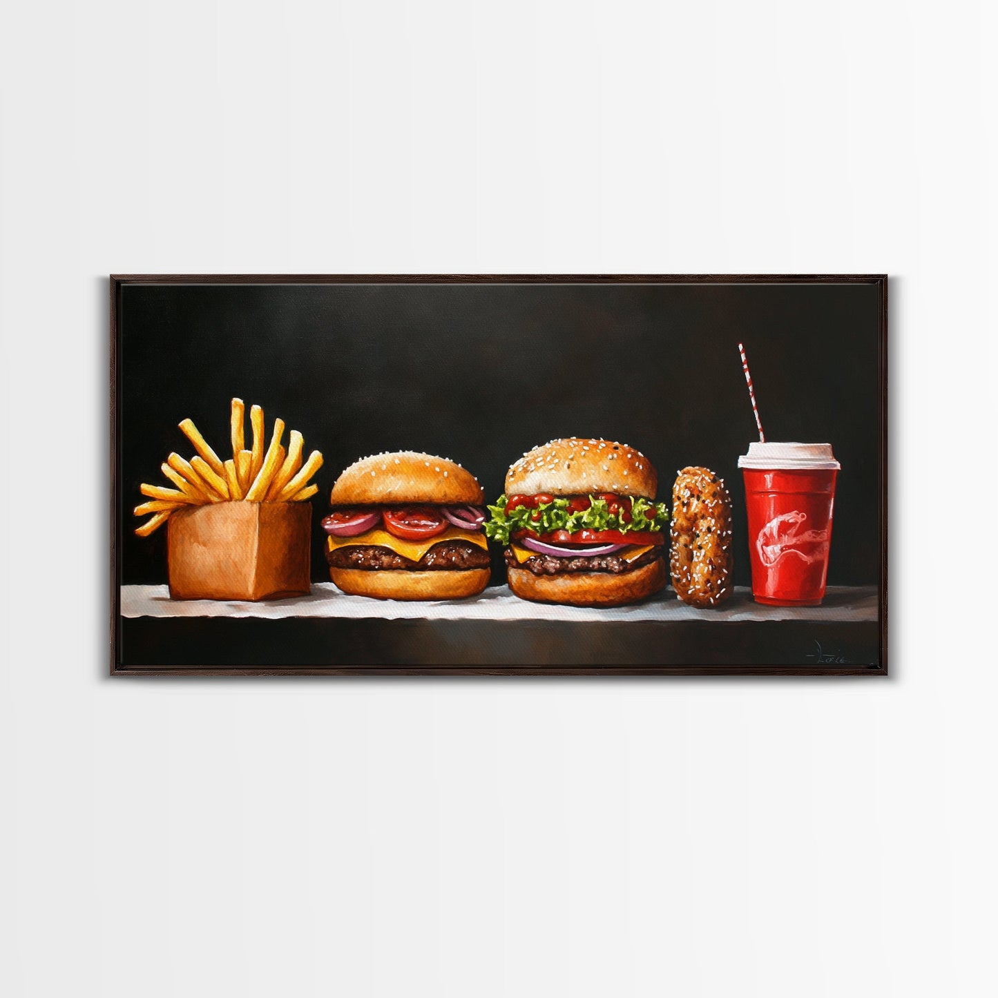 Burger and Fries Framed Canvas Print, Kitchen Canvas Art, Kitchen Wall Art, Burger Painting, Burger Art, Dining Room Wall Art