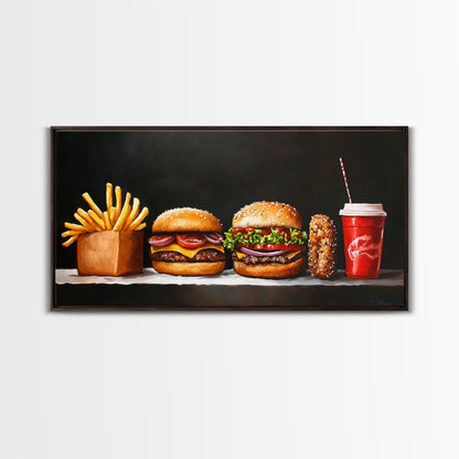 Burger and Fries Framed Canvas Print, Kitchen Canvas Art, Kitchen Wall Art, Burger Painting, Burger Art, Dining Room Wall Art