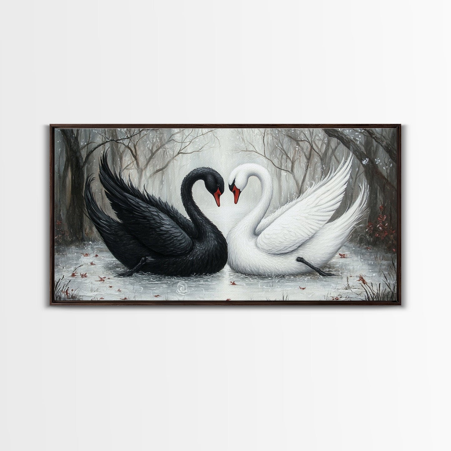 Dark Swans Forming a Heart - Framed Canvas Print - Dark Romance Wall Art - Dark Academia Art - Couple Gift Idea - Goth Art - Gothic Decor