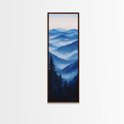 Blue Misty Mountains Framed Canvas Print Calming Nature Landscape Art, Smoky Mountain Art, Blue and Green Wall Art, Minimalist Decor, Bedroom Art