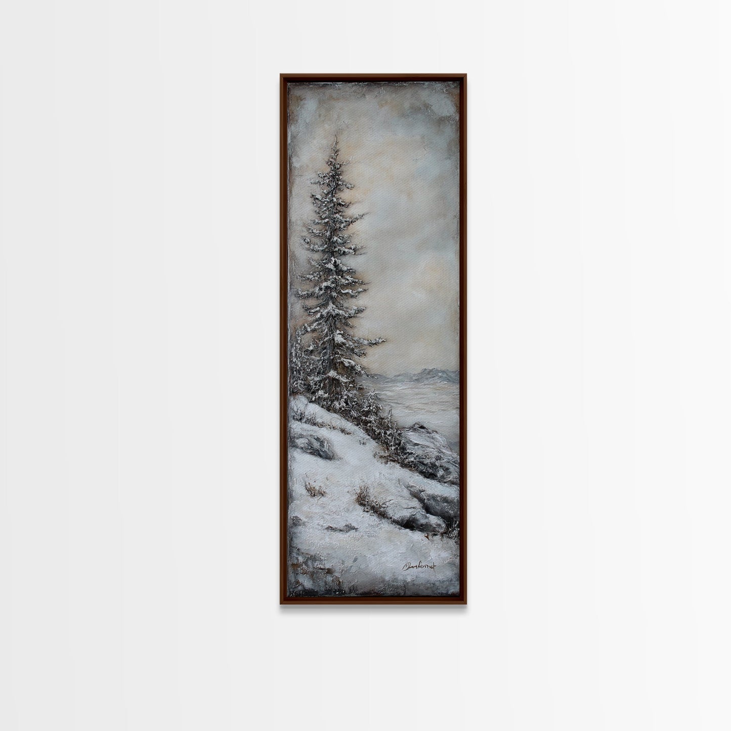 Framed Canvas Print Winter Pine Tree Art Rustic Landscape Wall Art Tall Narrow Art Cozy Cabin Decor Above Sofa Art