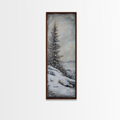 Framed Canvas Print Winter Pine Tree Art Rustic Landscape Wall Art Tall Narrow Art Cozy Cabin Decor Above Sofa Art