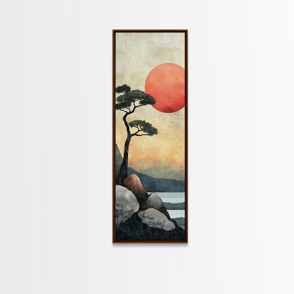 Japanese Landscape with Sunset Canvas Print, Red Sun Over Mountains, Minimalist Nature Art, Coastal Wall Art, Framed Canvas Print, Boho Decor
