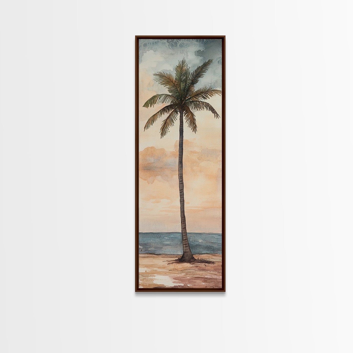 Framed Canvas Print Coastal Palm Tree Art, Sunset Beach Scene, Tropical Coastal Wall Art, Nautical Decor, Skinny Wall Art Gift Idea