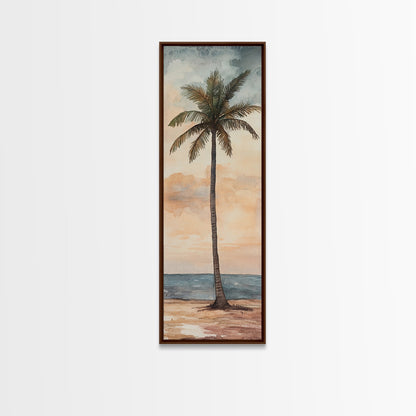 Framed Canvas Print Coastal Palm Tree Art, Sunset Beach Scene, Tropical Coastal Wall Art, Nautical Decor, Skinny Wall Art Gift Idea