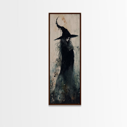 Mystical Witch in Black Forest Art - Framed Canvas Print for Halloween, Gothic Decor, Witch Art, Dark Home Decor, Long Wall Art
