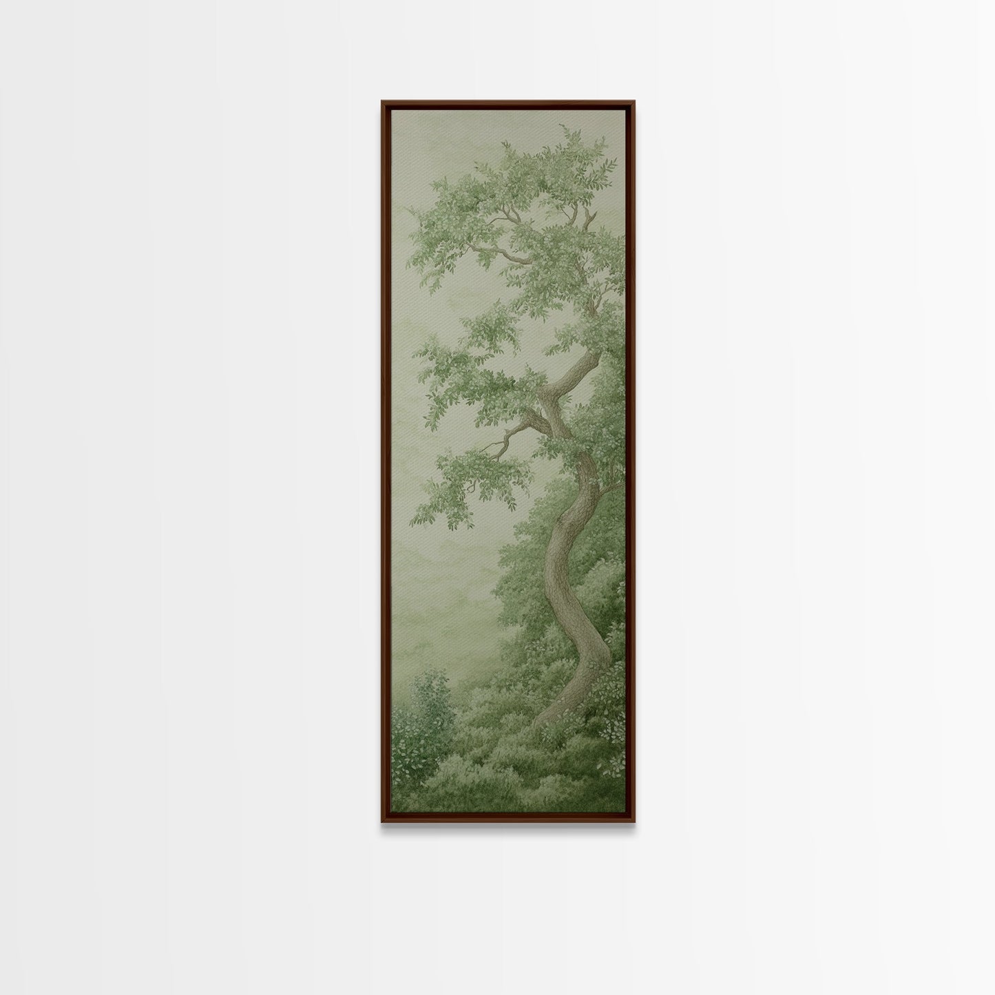 Misty Green Botanical Scene - Framed Canvas Print Showcasing Wabi Sabi Art Style with Tranquil Tree Landscape