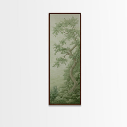 Misty Green Botanical Scene - Framed Canvas Print Showcasing Wabi Sabi Art Style with Tranquil Tree Landscape