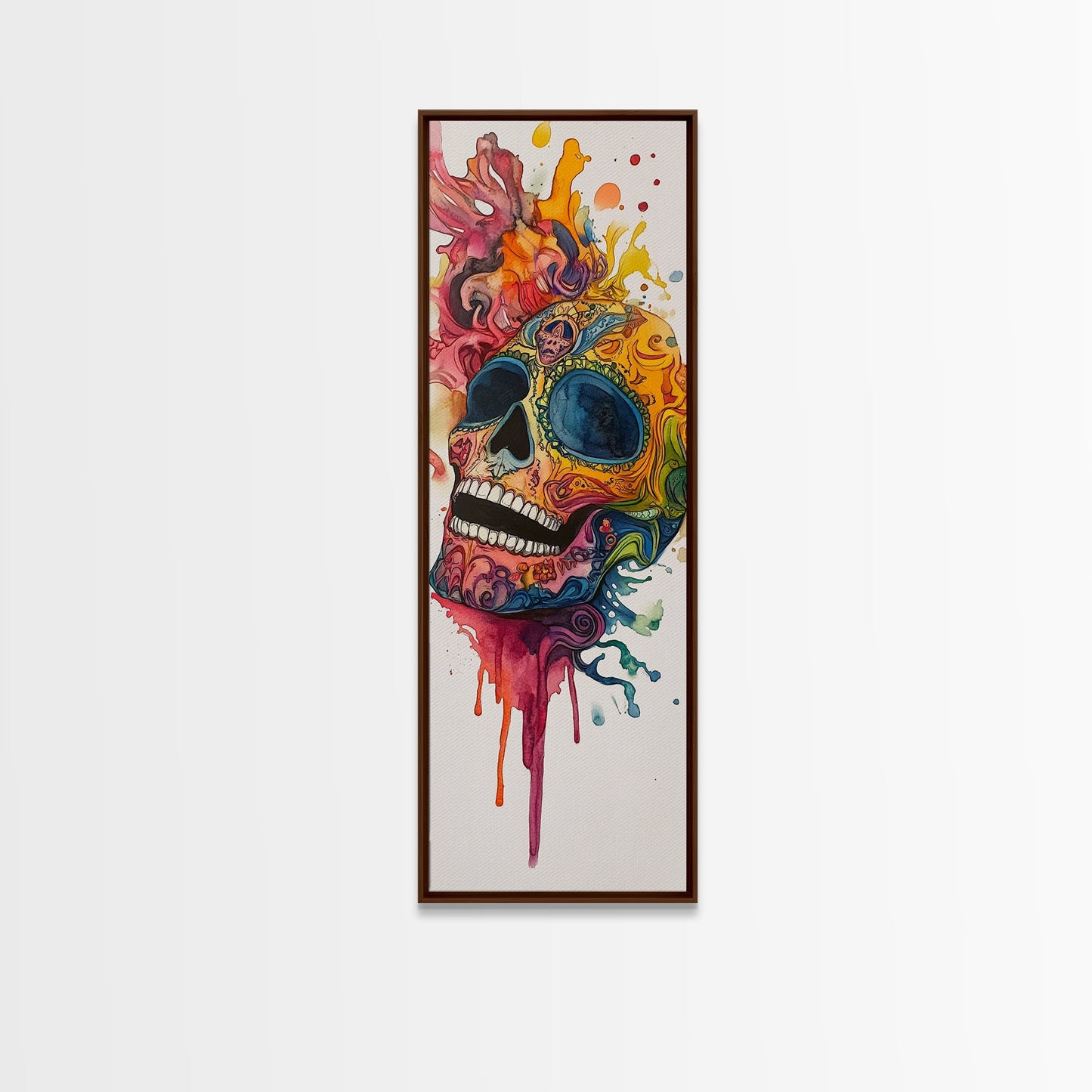 Sugar Skull Painting Print, Mexicano Wall Art, Framed Canvas, Tall Narrow Art, Skinny Accent Piece, Skull Painting, Skull Art, Chicano Art