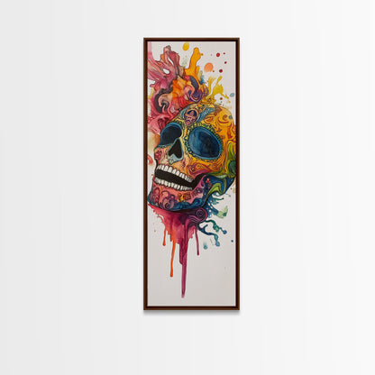 Sugar Skull Painting Print, Mexicano Wall Art, Framed Canvas, Tall Narrow Art, Skinny Accent Piece, Skull Painting, Skull Art, Chicano Art
