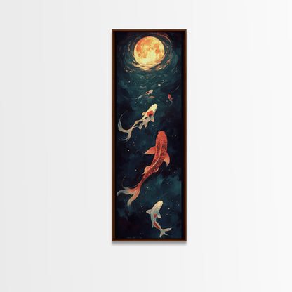 Koi Fish Under a Full Moon, Framed Canvas Print, Wabi Sabi Home Decor, Funky Boho Wall Art, Tall Skinny Art, Narrow Tall Wall Art