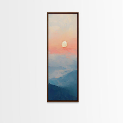 Wabi Sabi Sunset Oil Painting Print, Framed Canvas, Coastal Decor, Sunrise Over The Mountains, Boho Style Wall Art, Tall Narrow Wall Art